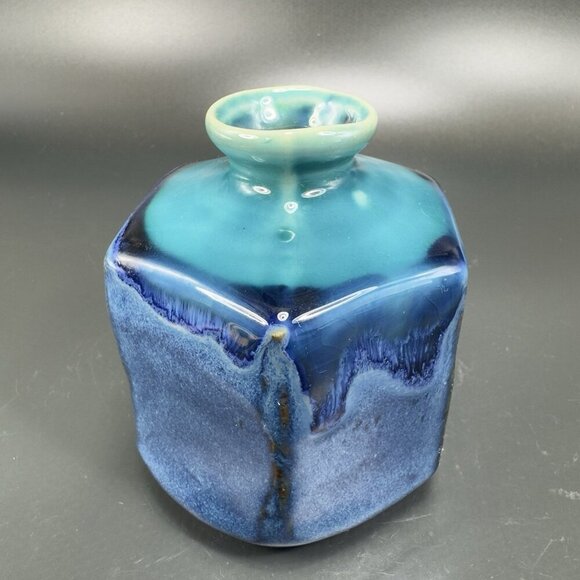 Kotobuki Peppercorn Hexagon Vase Set 2 Made in Japan W Tags Blue Green Glaze VTG - Picture 14 of 16